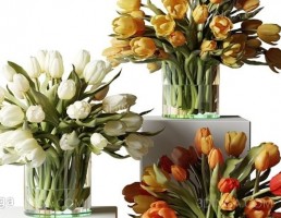 دسته گل لاله در گلدان شیشه ای