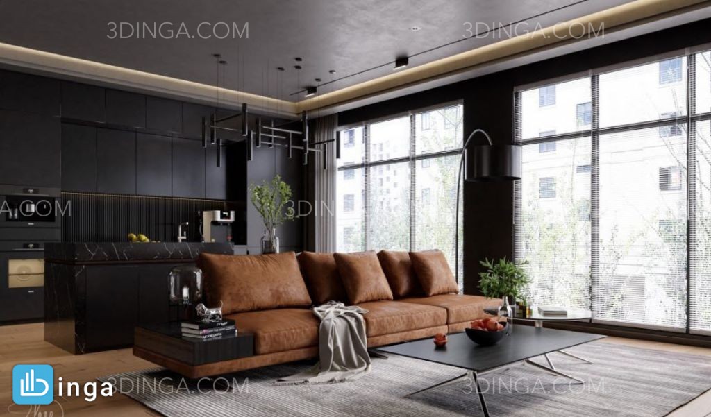 صحنه داخلی اتاق نشیمن + آشپزخانه برای اسکچاپ