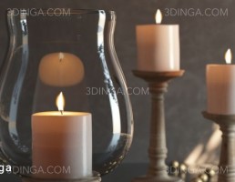 شمع روشن + شمعدان چوبی