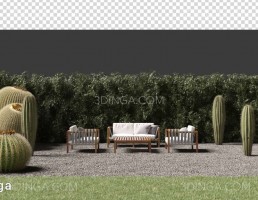 پرسوناژ مبلمان فضای باز روی شن + کاکتوس